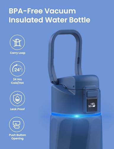 Smart Water Bottle with Reminder to Drink Water, 24oz BPA-Free Stainless Steel Vacuum Insulated Water Bottle, Wide Mouth Water Tracker Bottle with APP, Ideal for Gift - Blue - Image 4