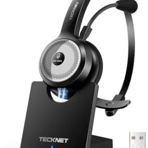 TECKNET Bluetooth 5.0 Headset with Microphone for PC, USB Wireless Headset with Mic for Work, 40Hrs Worktime AI Noise Cancelling On Ear Bluetooth Headphones with Charging Base for Laptop/Call Center