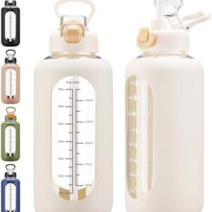 64 oz Glass Water Bolttles with Straw Half Gallon Large Motivational Water Bottle with Time Marker Sports Water Bottles with Silicone Sleeve and Handle Lid Water Jug for Gym Workout