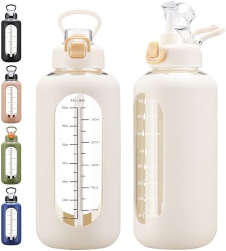 64 oz Glass Water Bolttles with Straw Half Gallon Large Motivational Water Bottle with Time Marker Sports Water Bottles with Silicone Sleeve and Handle Lid Water Jug for Gym Workout