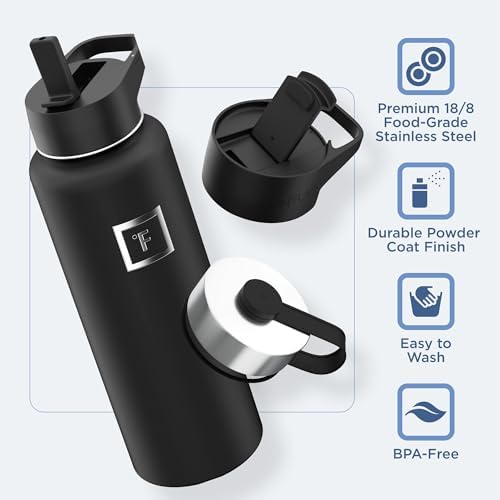 IRON °FLASK Camping & Hiking Hydration Flask with 3 Lids - Stainless Steel, Double Walled & Vacuum Insulated Water Bottle - Leak Proof & BPA Free (Midnight Black, Straw - 40 oz) - Image 5