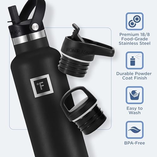 IRON °FLASK Camping & Hiking Hydration Canteens - 3 Lids (Narrow Straw Lid) Leak Proof Vacuum Insulated Stainless Steel - Hot & Cold Double Walled Sports Water Bottle - Midnight Black, 24 Oz - Image 5