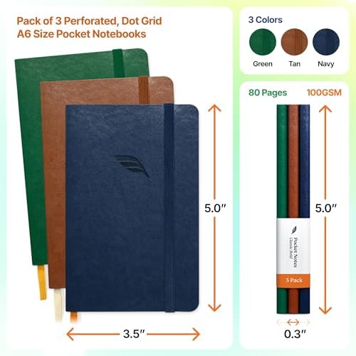 Roterunner A6 Pocket Notebook (Bold Classic) 3 Pack 3.5x5.5 Dotted Mini Notebook Journal 100Gsm Perforated Paper, Work Gym Travel Journal Notebook, Leather Small Notebook Numbered with Notes Index - Image 2
