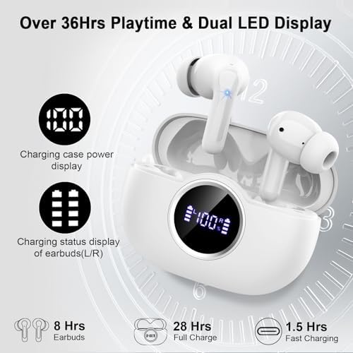Wireless Earbuds, 2025 Bluetooth 5.4 Headphone 3D Bass Hi-Fi Stereo Ear Buds, 4 ENC Noise Cancelling Mic, 40H 3g USB-C in-Ear Earphone, IP7 Waterproof Workout Sport for Laptop Pad Android iOS, White - Image 5