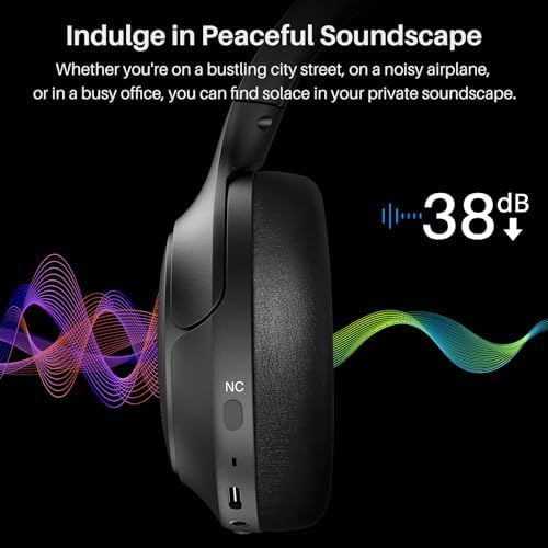 TOZO HT2 Hybrid Active Noise Cancelling Headphones, Wireless Over Ear Bluetooth Headset, 60H Playtime, Hi-Res Audio Custom EQ via App Deep Bass Comfort Fit Ear Cups, for Home Office Travel Black - Image 3