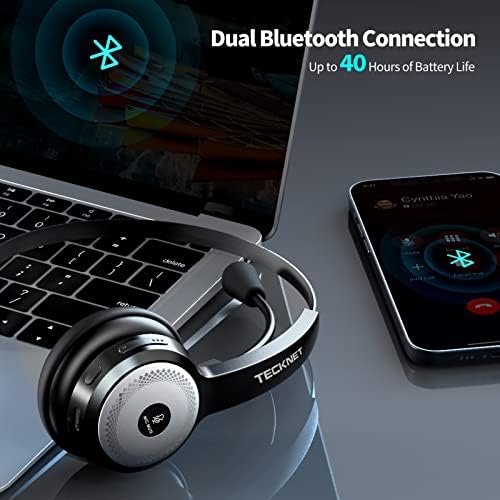 TECKNET Bluetooth 5.0 Headset with Microphone for PC, USB Wireless Headset with Mic for Work, 40Hrs Worktime AI Noise Cancelling On Ear Bluetooth Headphones with Charging Base for Laptop/Call Center - Image 4
