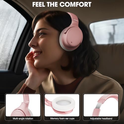 INFURTURE H1 Plus Doubly Fed Hybrid Active Noise Cancelling Headphones with EQ Mode,Wireless Over Ear Bluetooth Headphones with 4 Microphone, 90H Playtime,Lightweight for Home Travel Office(Pink) - Image 6