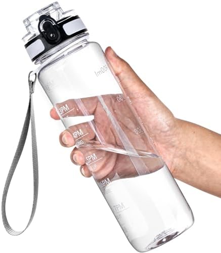 OLDLEY Water Bottle, 32oz Motivational Sports Water Bottle with Time Marker - Times to Drink - Tritan, BPA Free, Wide Mouth Leakproof, Clear (1 Bottle)