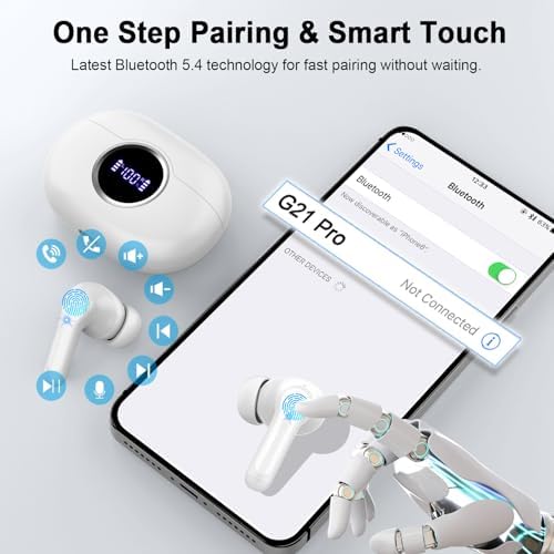Wireless Earbuds, 2025 Bluetooth 5.4 Headphone 3D Bass Hi-Fi Stereo Ear Buds, 4 ENC Noise Cancelling Mic, 40H 3g USB-C in-Ear Earphone, IP7 Waterproof Workout Sport for Laptop Pad Android iOS, White - Image 7