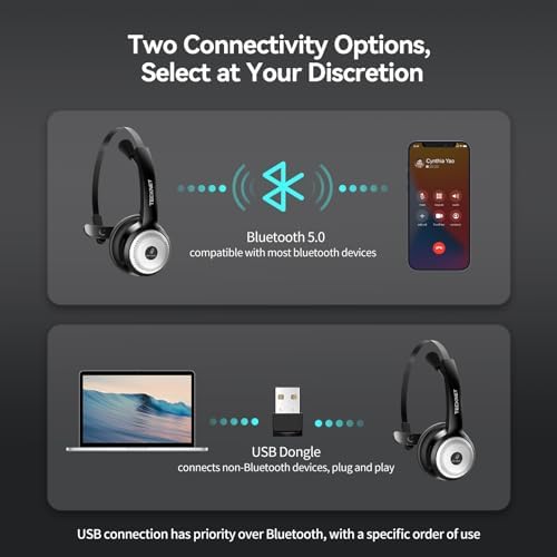TECKNET Bluetooth 5.0 Headset with Microphone for PC, USB Wireless Headset with Mic for Work, 40Hrs Worktime AI Noise Cancelling On Ear Bluetooth Headphones with Charging Base for Laptop/Call Center - Image 3