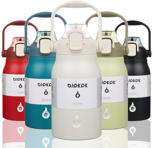 BJPKPK Insulated Water Bottles with Straw, 35 oz Stainless Steel Metal Water Bottle with One-handed Opening Lid, BPA Free Sport Jugs, Thermos, Flasks for Men & Women, White