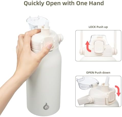 BJPKPK Insulated Water Bottles with Straw, 35 oz Stainless Steel Metal Water Bottle with One-handed Opening Lid, BPA Free Sport Jugs, Thermos, Flasks for Men & Women, White - Image 3