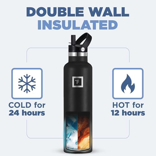 IRON °FLASK Camping & Hiking Hydration Canteens - 3 Lids (Narrow Straw Lid) Leak Proof Vacuum Insulated Stainless Steel - Hot & Cold Double Walled Sports Water Bottle - Midnight Black, 24 Oz - Image 4