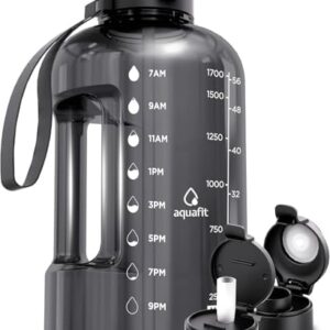 AQUAFIT 64 oz Water Bottle with Time Marker - Straw & Chug Lid - BPA Free Half Gallon Water Bottle, Big Water Bottle with Straw, Gym Water Bottle with Handle, Gallon Water Jug (Gray, 64 Ounces)