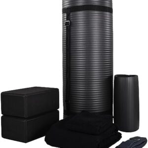 BalanceFrom Fitness 7-Piece Home Gym Yoga Set with 1-Inch Thick Yoga Mat, 2 Yoga Blocks, Mat Towel, Hand Towel, Stretch Strap & Knee Pad, Blue