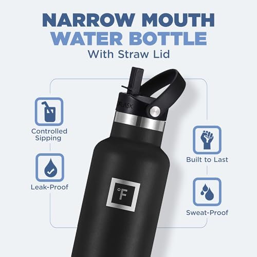 IRON °FLASK Camping & Hiking Hydration Canteens - 3 Lids (Narrow Straw Lid) Leak Proof Vacuum Insulated Stainless Steel - Hot & Cold Double Walled Sports Water Bottle - Midnight Black, 24 Oz - Image 2