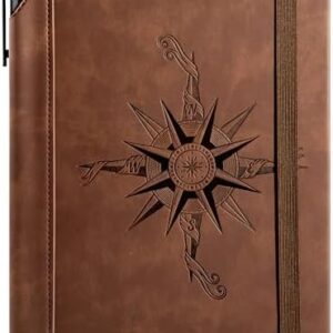 CAGIE Compass Leather Notebook Journal for Men, 100 GSM 288 Pages Lined Journals for Writing, A5 Hardcover Journaling Notebooks Gift Set with Pen for Travel Office Daily Writing