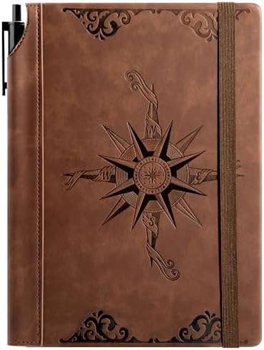 CAGIE Compass Leather Notebook Journal for Men, 100 GSM 288 Pages Lined Journals for Writing, A5 Hardcover Journaling Notebooks Gift Set with Pen for Travel Office Daily Writing