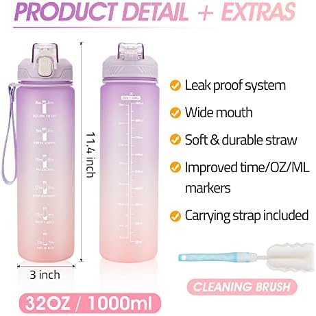 Motivational Water Bottle with Time Marker- 32oz Water Bottles with Times to Drink, Leakproof & BPA Free Sports Water Bottle with Straw & Carry Strap for Fitness, Gym, and Outdoor Sports - Image 5