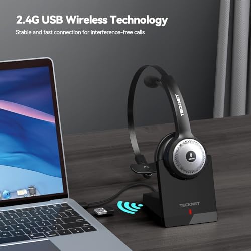 TECKNET Bluetooth 5.0 Headset with Microphone for PC, USB Wireless Headset with Mic for Work, 40Hrs Worktime AI Noise Cancelling On Ear Bluetooth Headphones with Charging Base for Laptop/Call Center - Image 8