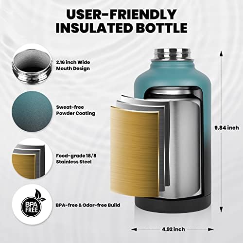 Insulated Water Bottle 64 oz, Triple Wall Vacuum Stainless Steel (Cold for 48 Hrs), Leak Proof & Non-BPA, Half Gallon Water Flask Jug with Paracord Handle & Straw Spout Lids - Image 5