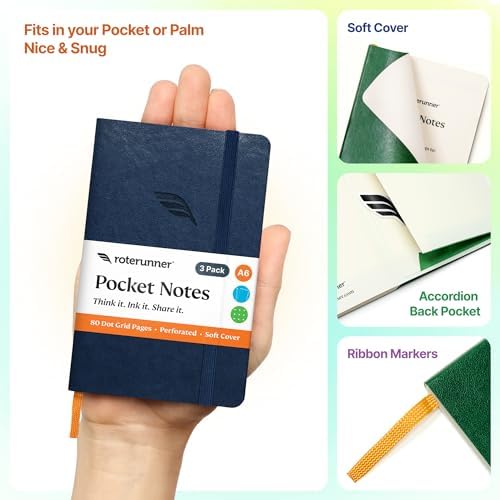 Roterunner A6 Pocket Notebook (Bold Classic) 3 Pack 3.5x5.5 Dotted Mini Notebook Journal 100Gsm Perforated Paper, Work Gym Travel Journal Notebook, Leather Small Notebook Numbered with Notes Index - Image 3