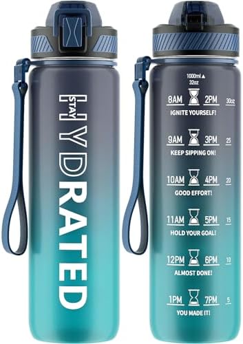 Water Bottle with Straw, 32oz Motivational Water Bottles with Time Marker to Drink, Tritan BPA Free, 1L Sports Water Bottle with Carry Strap LeakProof for Women Gym Fitness Outdoor (1 Pack)