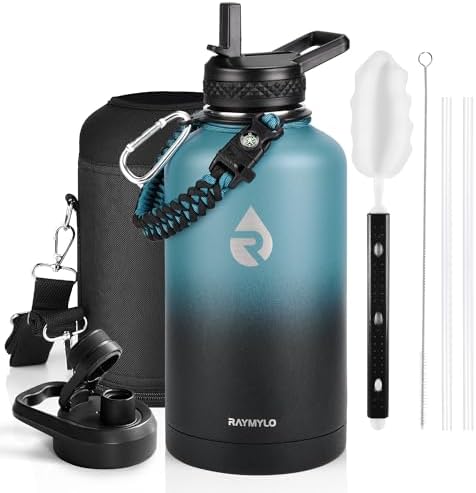 Insulated Water Bottle 64 oz, Triple Wall Vacuum Stainless Steel (Cold for 48 Hrs), Leak Proof & Non-BPA, Half Gallon Water Flask Jug with Paracord Handle & Straw Spout Lids