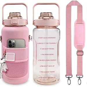 Half Gallon Water Bottle with Sleeve, 64OZ Motivational Water Bottle with Straw & Time Marker, BPA Free Leakproof Gym for Sport Workout