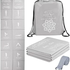 Foldable Yoga Mat for Women, Non Slip Exercise Mat for Home Gym, 5mm Travel Yoga Mats Set With Stretch Strap for Yoga Pilates and Fitness, 68"L x 24"W x 0.2 Inch Thick