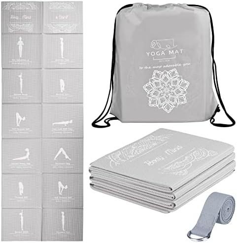 Foldable Yoga Mat for Women, Non Slip Exercise Mat for Home Gym, 5mm Travel Yoga Mats Set With Stretch Strap for Yoga Pilates and Fitness, 68"L x 24"W x 0.2 Inch Thick