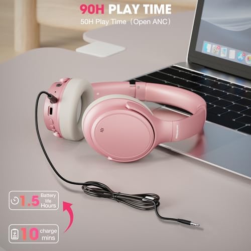 INFURTURE H1 Plus Doubly Fed Hybrid Active Noise Cancelling Headphones with EQ Mode,Wireless Over Ear Bluetooth Headphones with 4 Microphone, 90H Playtime,Lightweight for Home Travel Office(Pink) - Image 5