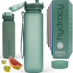 Hydracy Water Bottle with Time Marker -Large BPA Free Water Bottle & No Sweat Sleeve -Leak Proof Gym Bottle with Fruit Infuser Strainer & Times to Drink -Ideal for Fitness Sports & Outdoors