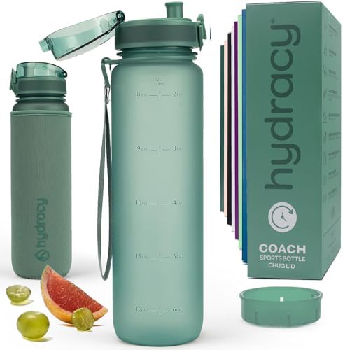 Hydracy Water Bottle with Time Marker -Large BPA Free Water Bottle & No Sweat Sleeve -Leak Proof Gym Bottle with Fruit Infuser Strainer & Times to Drink -Ideal for Fitness Sports & Outdoors