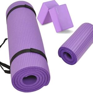 All Purpose 1/2-Inch Extra Thick High Density Anti-Tear Exercise Yoga Mat and Knee Pad with Carrying Strap and Optional Yoga Blocks, Multiple