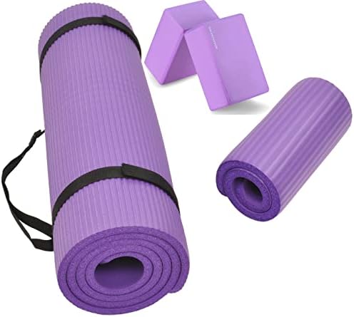 All Purpose 1/2-Inch Extra Thick High Density Anti-Tear Exercise Yoga Mat and Knee Pad with Carrying Strap and Optional Yoga Blocks, Multiple