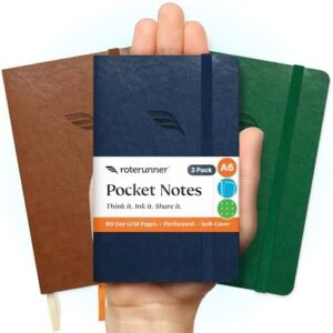 Roterunner A6 Pocket Notebook (Bold Classic) 3 Pack 3.5x5.5 Dotted Mini Notebook Journal 100Gsm Perforated Paper, Work Gym Travel Journal Notebook, Leather Small Notebook Numbered with Notes Index