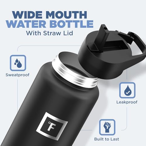 IRON °FLASK Camping & Hiking Hydration Flask with 3 Lids - Stainless Steel, Double Walled & Vacuum Insulated Water Bottle - Leak Proof & BPA Free (Midnight Black, Straw - 40 oz) - Image 2