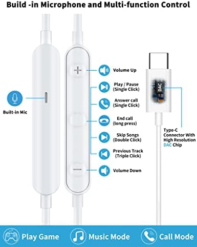 USB C Headphone for Samsung S23 FE S22 S21 S20 A53 A54 Wired Earbuds Magnetic in-Ear Type C Earphone with Microphone Volume Control Bass Stereo Noise Canceling for iPhone 15 Pro Max Pixel 6 6a 7a 8 5 - Image 3