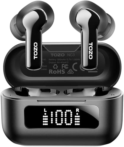 TOZO Hybrid Active Noise Cancelling Wireless Earbuds with 6 Mics AI Clear Call Ear Buds 55H Playtime with LED Display 32 Preset EQs via APP Bluetooth 5.3 IPX8 Waterproof in Ear Headphones