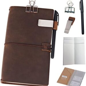 newestor Refillable Leather Journal Travelers Notebook - 8.5 x 4.5 Travel Diary with 5 Inserts + Pen Holder and Binder Clip, Standard Size, Brown