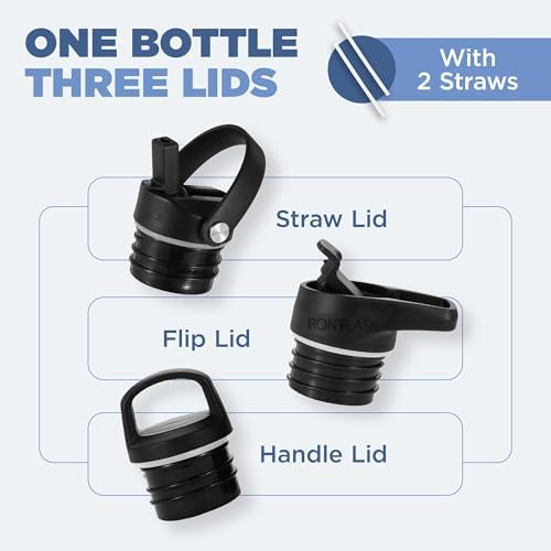 IRON °FLASK Camping & Hiking Hydration Canteens - 3 Lids (Narrow Straw Lid) Leak Proof Vacuum Insulated Stainless Steel - Hot & Cold Double Walled Sports Water Bottle - Midnight Black, 24 Oz - Image 3