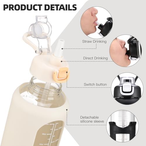 64 oz Glass Water Bolttles with Straw Half Gallon Large Motivational Water Bottle with Time Marker Sports Water Bottles with Silicone Sleeve and Handle Lid Water Jug for Gym Workout - Image 2