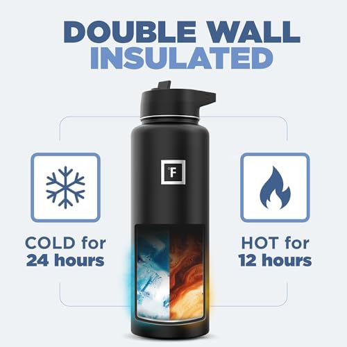 IRON °FLASK Camping & Hiking Hydration Flask with 3 Lids - Stainless Steel, Double Walled & Vacuum Insulated Water Bottle - Leak Proof & BPA Free (Midnight Black, Straw - 40 oz) - Image 4
