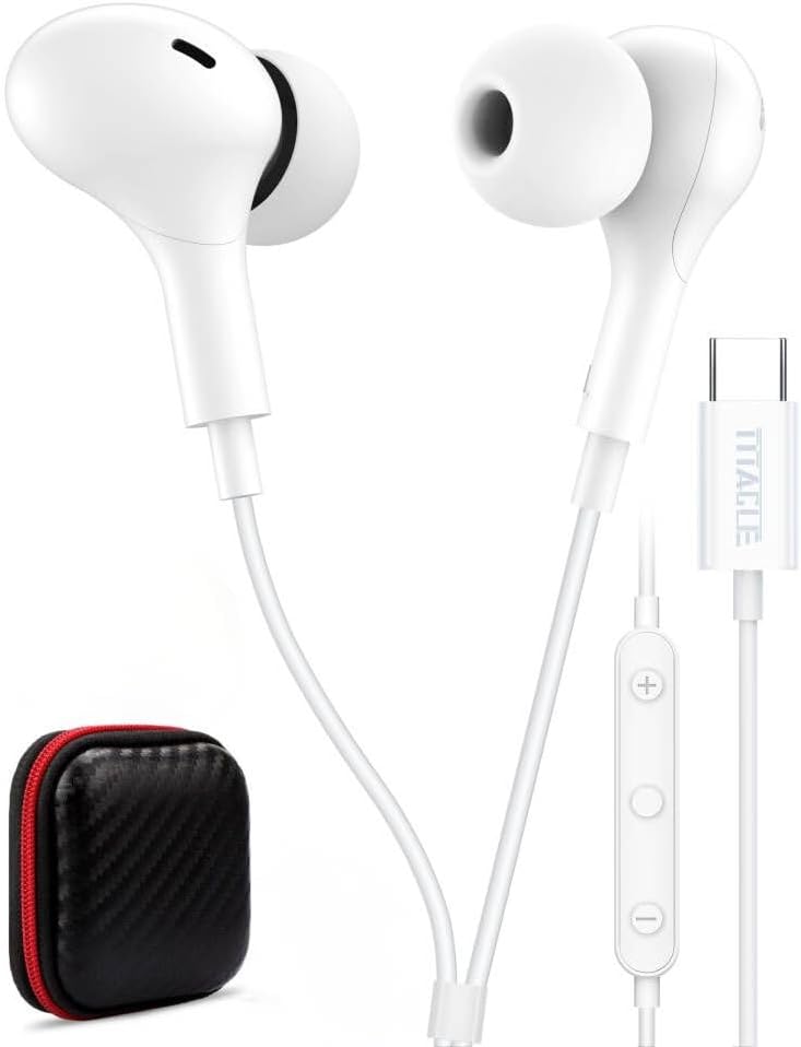 USB C Headphone for Samsung S23 FE S22 S21 S20 A53 A54 Wired Earbuds Magnetic in-Ear Type C Earphone with Microphone Volume Control Bass Stereo Noise Canceling for iPhone 15 Pro Max Pixel 6 6a 7a 8 5