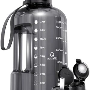 AQUAFIT 1 Gallon Water Bottle with Time Marker - Straw & Chug Lid - BPA Free Big Water Bottle with Straw - Gym Water Bottle with Handle - Gallon Water Jug (128 Ounces, Gray)