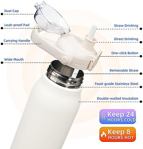 BJPKPK Insulated Water Bottles with Straw, 35 oz Stainless Steel Metal Water Bottle with One-handed Opening Lid, BPA Free Sport Jugs, Thermos, Flasks for Men & Women, White - Image 2