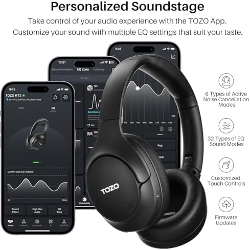 TOZO HT2 Hybrid Active Noise Cancelling Headphones, Wireless Over Ear Bluetooth Headset, 60H Playtime, Hi-Res Audio Custom EQ via App Deep Bass Comfort Fit Ear Cups, for Home Office Travel Black - Image 6