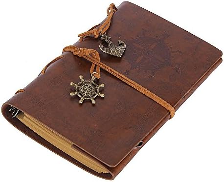 EvZ Leather Writing Journal Notebook, 7 Inches Vintage Nautical Spiral Blank String Diary Notepad Sketchbook Travel to Write in, Unlined Paper, Retro Pendants, Classic Embossed, Retro Brown - Image 3