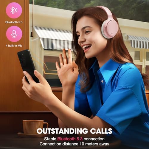 INFURTURE H1 Plus Doubly Fed Hybrid Active Noise Cancelling Headphones with EQ Mode,Wireless Over Ear Bluetooth Headphones with 4 Microphone, 90H Playtime,Lightweight for Home Travel Office(Pink) - Image 4